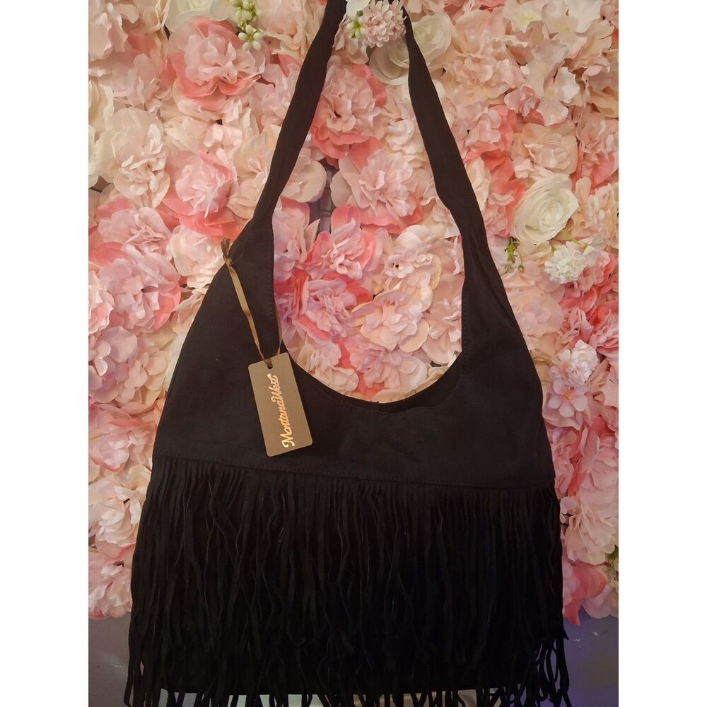 NWT Montana West Black Faux Suede Fringe Hobo Bag